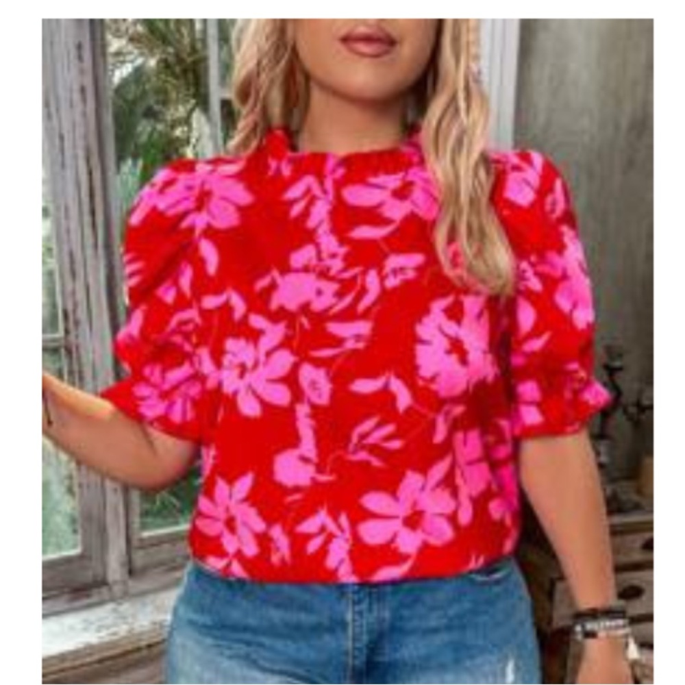 Red and Pink Boxy Blouse with Puff Sleeves and Mandarin Collar